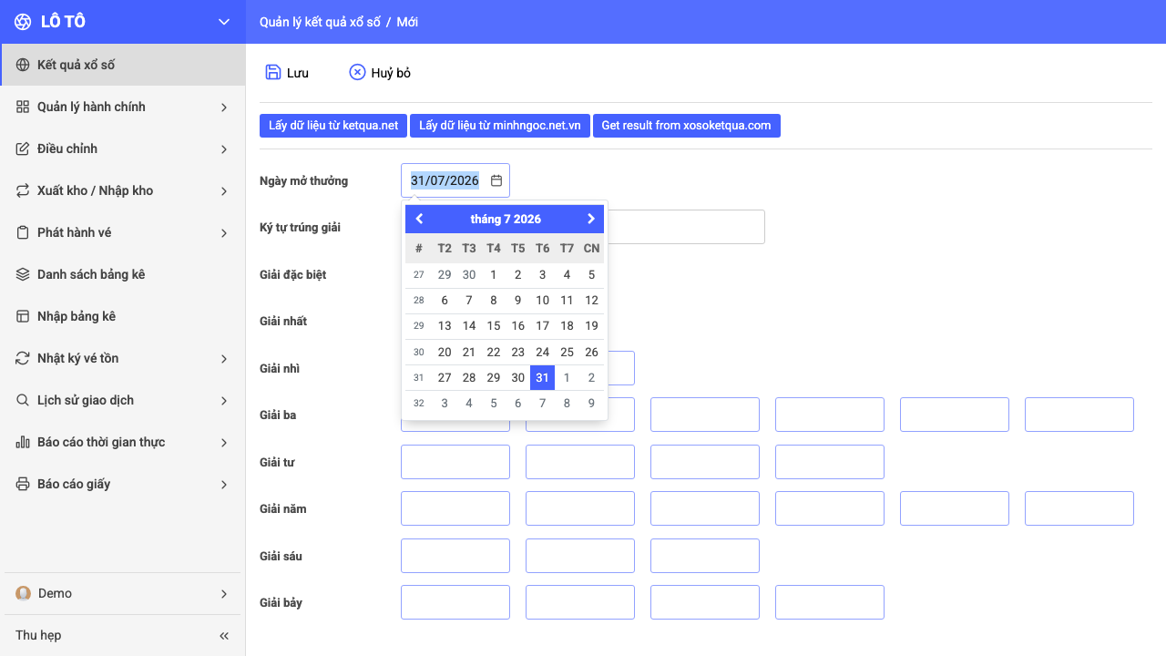 Form tạo KQXS mới