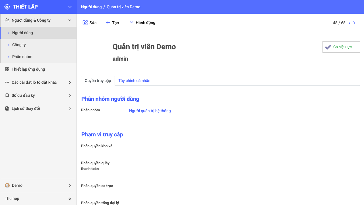 Form người dùng với tab Quyền truy cập